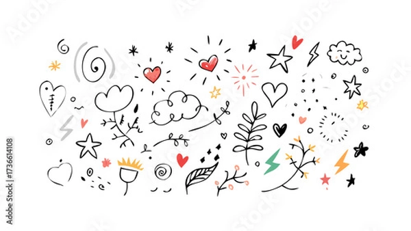 Fototapeta Doodle art with hearts stars clouds lightning bolts and leaves vector graphic design illustration art