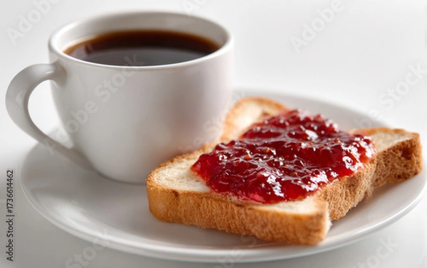 Fototapeta Light breakfast, black coffee and toast with raspberry jam.