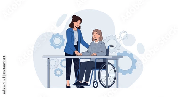 Fototapeta Caring professional assisting person in wheelchair at a table in a workplace setting