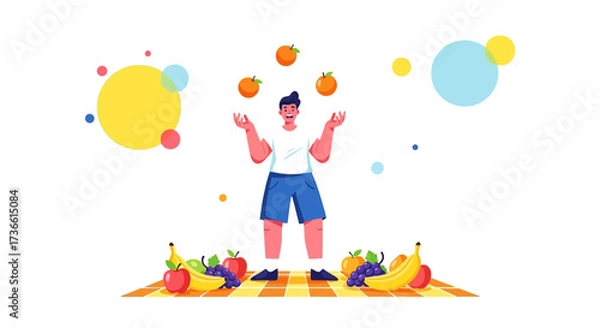 Fototapeta Cartoon Character Juggling Oranges with Healthy Fruit Picnic Illustration in Vibrant Colors