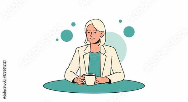 Fototapeta Cartoon drawing of a business woman with a coffe cup sitting at a table, smiling