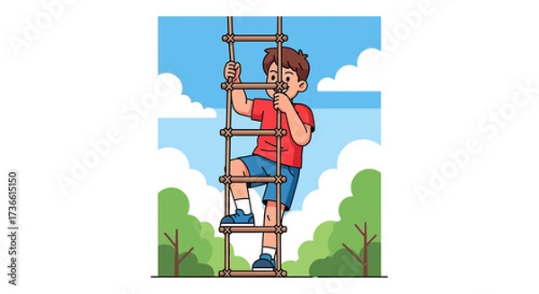 Fototapeta Cartoon illustration of a boy climbing a rope ladder in a park on a summer day