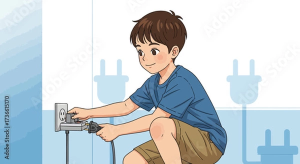 Fototapeta Cartoon illustration of a boy plugging a power cord into a wall outlet for electrical safety