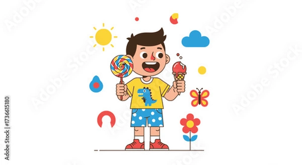 Fototapeta Cartoon illustration of a happy boy with lollipop and ice cream, ideal for kids design