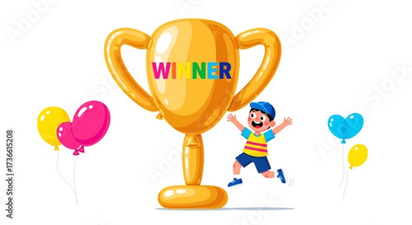 Fototapeta Cartoon illustration of a happy child winning a prize with balloons and trophy