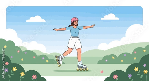Fototapeta Cartoon illustration of a woman rollerblading in a park with happy expression