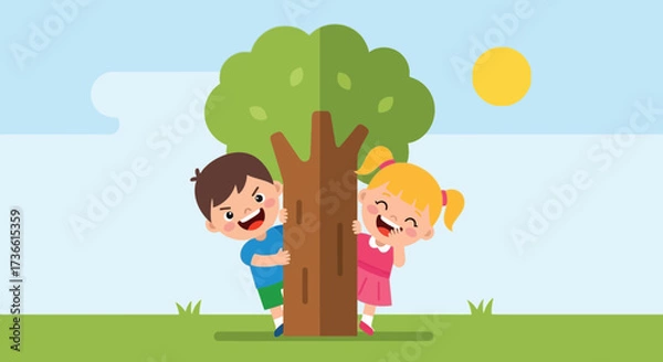 Fototapeta Cartoon image of two children playing hide and seek behind a tree in the park