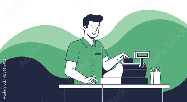 Fototapeta Cashier Assisting Customer At The Counter With Modern Simplified Digital Design
