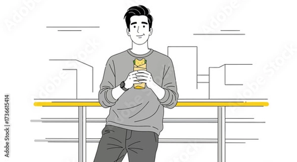 Fototapeta Casual Man Holding Food Looking Forward In Neutral Environment With City Background