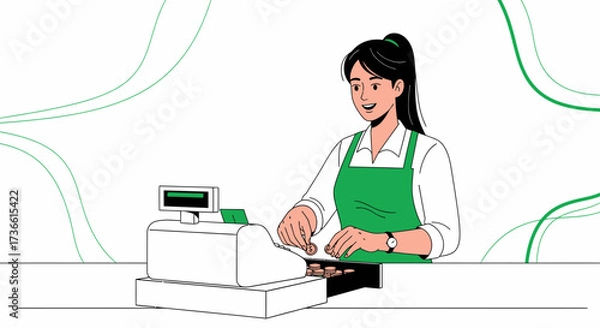 Fototapeta Cashier processing money transaction at a store in a business concept illustration