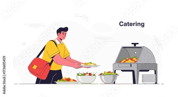 Fototapeta Catering Buffet Illustration: A Man Serving Food with Salads and Buffet Table