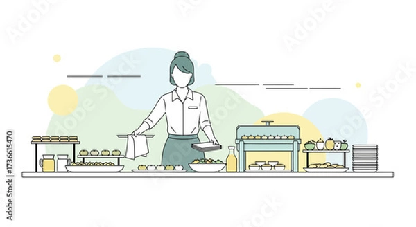 Fototapeta Catering Buffet Illustration Featuring Server And Various Food Choices Perfect for Dining