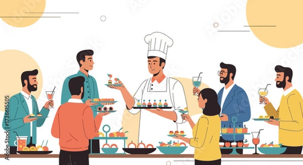 Fototapeta Catering Event Scene: People Serving Themselves At An Elegant Buffet, Food And Drinks Offering