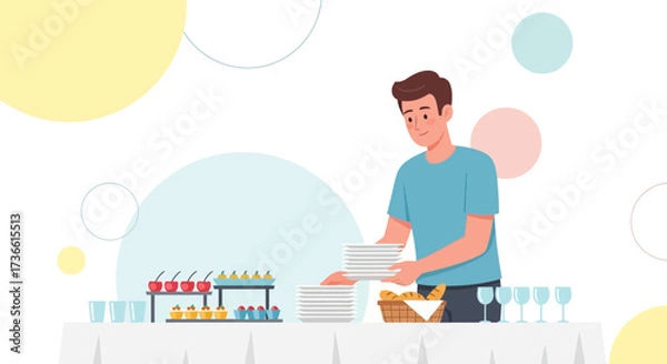 Fototapeta Catering Scenario: A Professional Male Presenting Plates, Ready To Serve Food Buffet