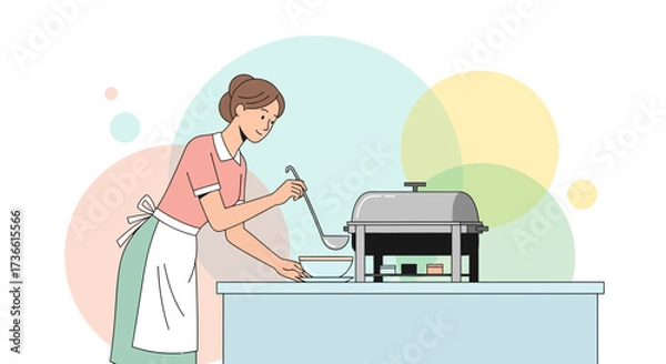 Fototapeta Catering Service Illustration With Woman Serving Food From Chafing Dish On Buffet Table