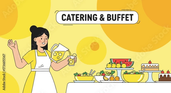 Fototapeta Catering Service Illustration Depicting Food Buffet Arrangement With Drinks And Server