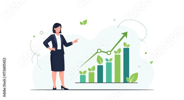 Fototapeta Businesswoman presenting a sustainable growth chart with green leaves and upward arrow