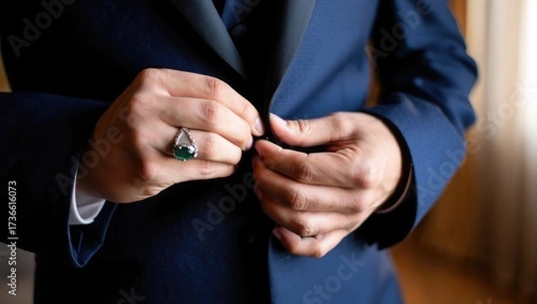 Obraz Man Buttoning a Dark Blue Suit Jacket with Emerald Ring