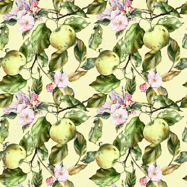 Fototapeta Seamless watercolor pattern with apples, branches, and leaves. Perfect for textile design, wallpaper, wrapping paper, kitchen decor, packaging, autumn themes, and botanical illustrations.