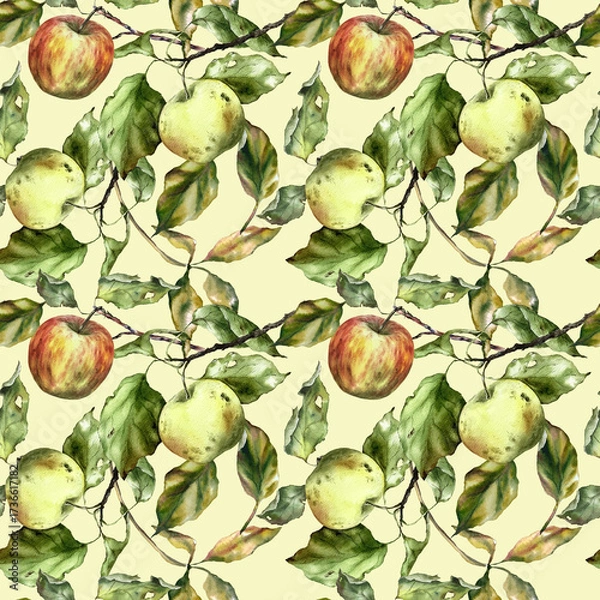 Fototapeta Seamless watercolor pattern with apples, branches, and leaves. Perfect for textile design, wallpaper, wrapping paper, kitchen decor, packaging, autumn themes, and botanical illustrations.