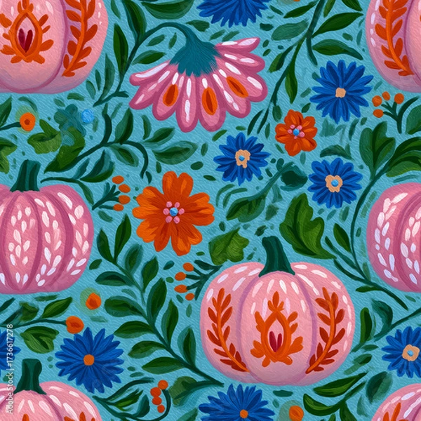 Obraz Folk Art Pumpkins Seamless Pattern
