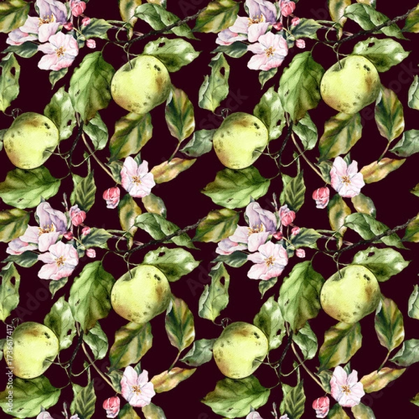 Fototapeta Seamless watercolor pattern with apples, branches, and leaves. Perfect for textile design, wallpaper, wrapping paper, kitchen decor, packaging, autumn themes, and botanical illustrations.
