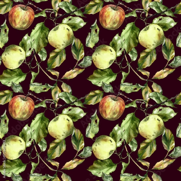 Fototapeta Seamless watercolor pattern with apples, branches, and leaves. Perfect for textile design, wallpaper, wrapping paper, kitchen decor, packaging, autumn themes, and botanical illustrations.