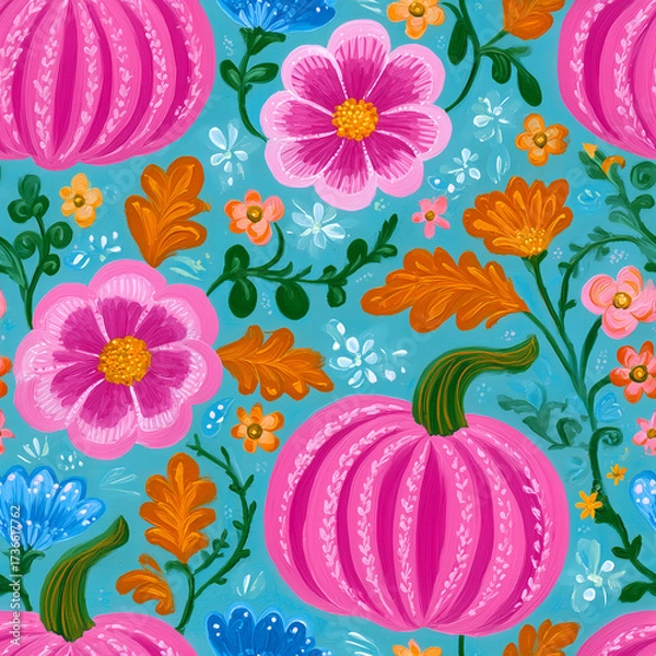 Fototapeta Pink Pumpkins & Flowers Seamless Pattern