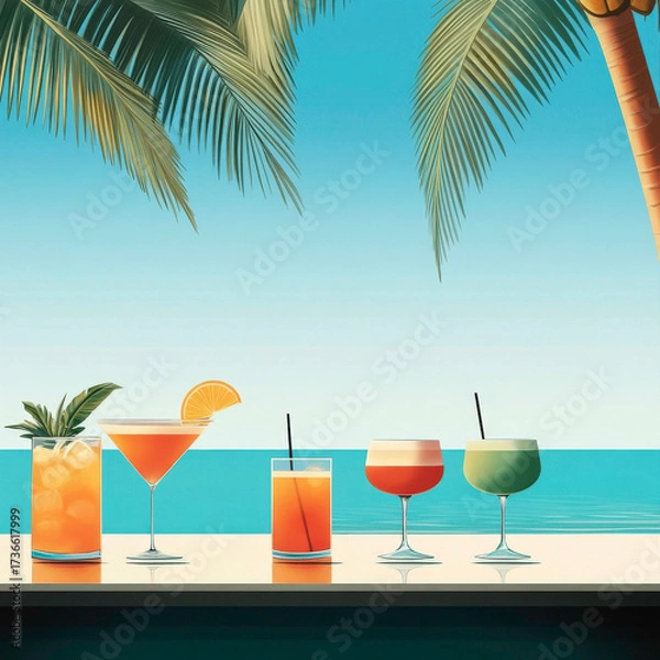 Fototapeta A tropical beach scene with a variety of drinks on a table. The drinks include a martini, a margarita, a mojito, and a tropical cocktail. The table is set up for a relaxing day by the ocean