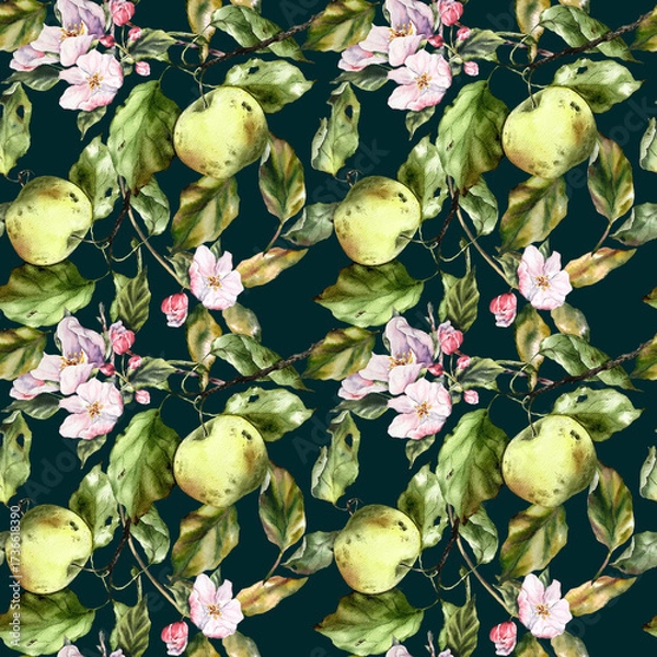 Fototapeta Seamless watercolor pattern with apples, branches, and leaves. Perfect for textile design, wallpaper, wrapping paper, kitchen decor, packaging, autumn themes, and botanical illustrations.