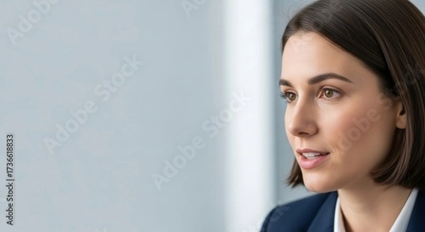 Fototapeta Close-up of composed businesswoman during HR interview - soft lighting, neutral background, and professional attire convey focus, confidence, and corporate atmosphere.
