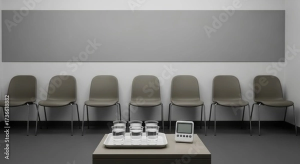Fototapeta Empty, sterile waiting room with a line of chairs, a tray of water glasses, and a timer, suggesting preparation for flu vaccinations.
