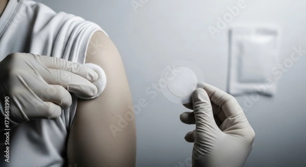 Fototapeta Close-up of gloved medical hands applying a cotton pad to a patient's arm post-flu vaccination, in a sterile, calm environment emphasizing hygiene and preventive care.