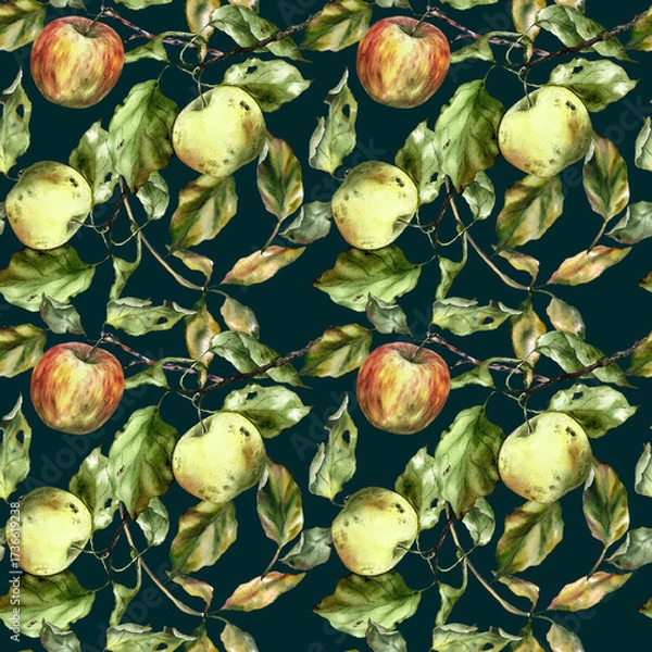 Fototapeta Seamless watercolor pattern with apples, branches, and leaves. Perfect for textile design, wallpaper, wrapping paper, kitchen decor, packaging, autumn themes, and botanical illustrations.