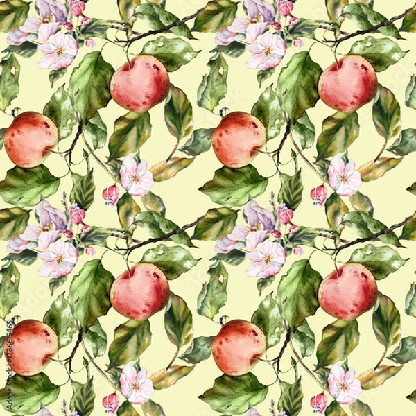 Fototapeta Seamless watercolor pattern with apples, branches, and leaves. Perfect for textile design, wallpaper, wrapping paper, kitchen decor, packaging, autumn themes, and botanical illustrations.