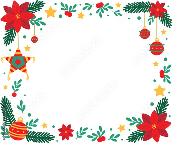 Obraz marco de navidad decorado con piñata, flor de nochebuena, esfera y hoja de pino