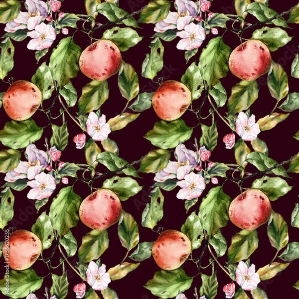 Fototapeta Seamless watercolor pattern with apples, branches, and leaves. Perfect for textile design, wallpaper, wrapping paper, kitchen decor, packaging, autumn themes, and botanical illustrations.