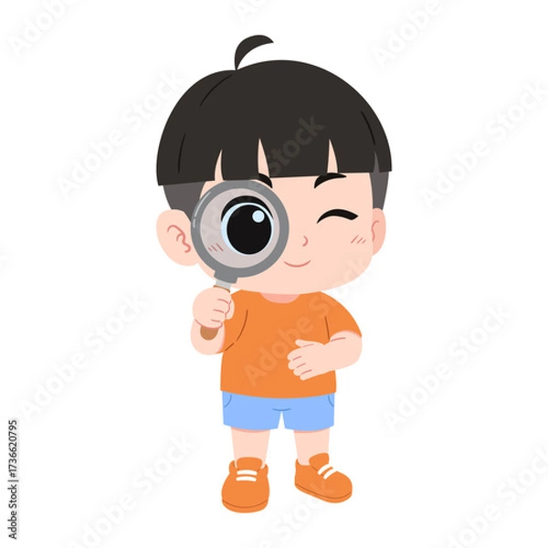 Fototapeta illustration of a little cute boy holding a magnifying glass on an isolated transparent background