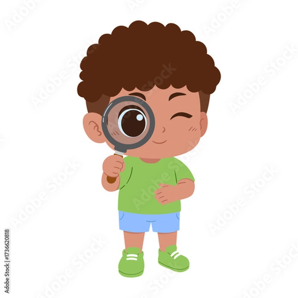 Fototapeta illustration of a little cute boy holding a magnifying glass on an isolated transparent background