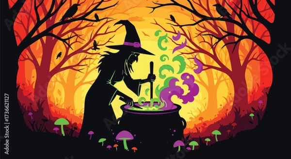 Fototapeta illustration of a witch stirring a bubbling cauldron in a forest with mushrooms and crows, perfect for Halloween designs, spooky storytelling, and seasonal marketing projects