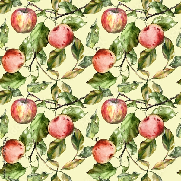 Fototapeta Seamless watercolor pattern with apples, branches, and leaves. Perfect for textile design, wallpaper, wrapping paper, kitchen decor, packaging, autumn themes, and botanical illustrations.