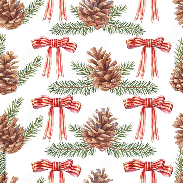 Fototapeta Watercolor Christmas Seamless Pattern. Christmas illustration of natural Pine Cones, Fir branches and red Bow. Christmas border. Illustration for greeting card, invitation and poster