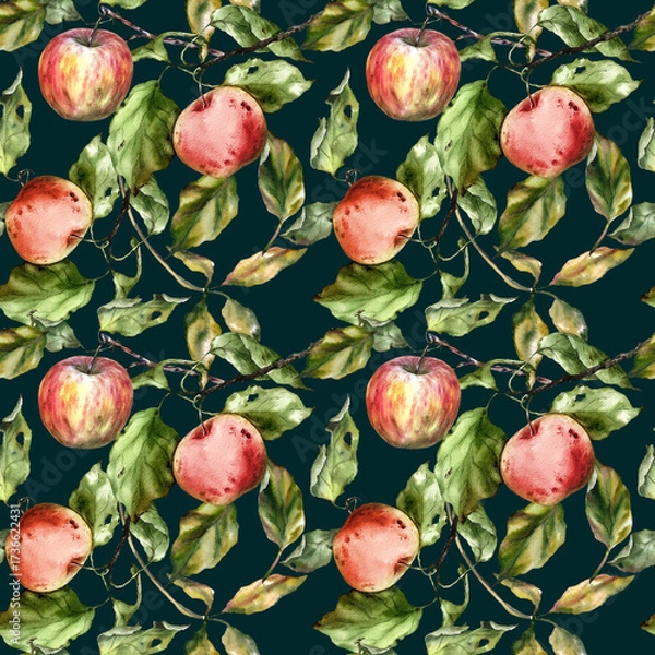 Fototapeta Seamless watercolor pattern with apples, branches, and leaves. Perfect for textile design, wallpaper, wrapping paper, kitchen decor, packaging, autumn themes, and botanical illustrations.