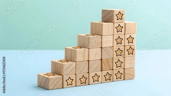 Obraz Stairway to Success Wooden Blocks with Star Ratings Visualizing Performance Growth Five-Star Achievement Concept Ascending Block Graph Representing Quality and Improvement