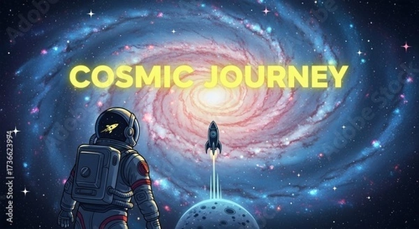 Fototapeta Cosmic Journey Astronaut and Rocket in Galaxy Space