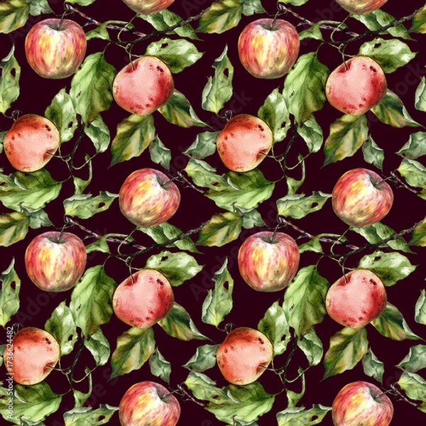 Fototapeta Seamless watercolor pattern with apples, branches, and leaves. Perfect for textile design, wallpaper, wrapping paper, kitchen decor, packaging, autumn themes, and botanical illustrations.
