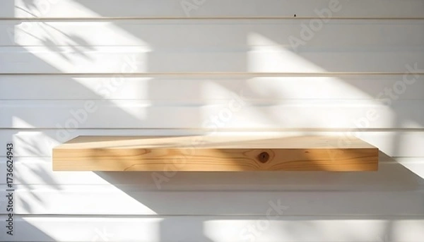 Fototapeta A wooden shelf on a wooden wall with sunlight casting shadows , simple and clean design, minimalist aesthetic, bright and airy atmosphere.