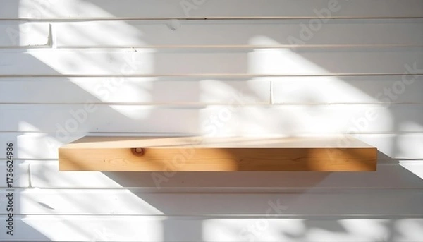 Fototapeta A wooden shelf on a wooden wall with sunlight casting shadows , simple and clean design, minimalist aesthetic, bright and airy atmosphere.