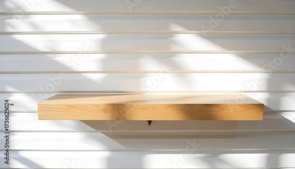 Fototapeta A wooden shelf on a wooden wall with sunlight casting shadows , simple and clean design, minimalist aesthetic, bright and airy atmosphere.