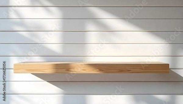 Fototapeta A wooden shelf on a wooden wall with sunlight casting shadows , simple and clean design, minimalist aesthetic, bright and airy atmosphere.